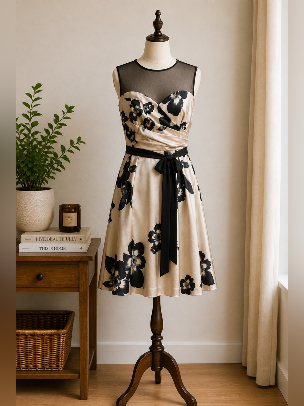 Le Château Champagne Satin Floral Mesh Cocktail Midi Dress Black Size Small